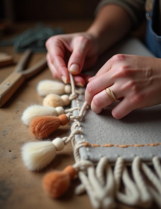 An artisan's skilled hands meticulously finishing the hand-knotted tassels on a finely woven wool throw, emphasizing attention to detail.